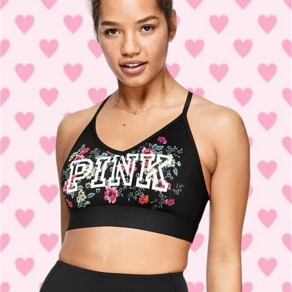 PINK Victoria's Secret Black Floral Sports Bra - Med 8-10 - Picture 2 of 8